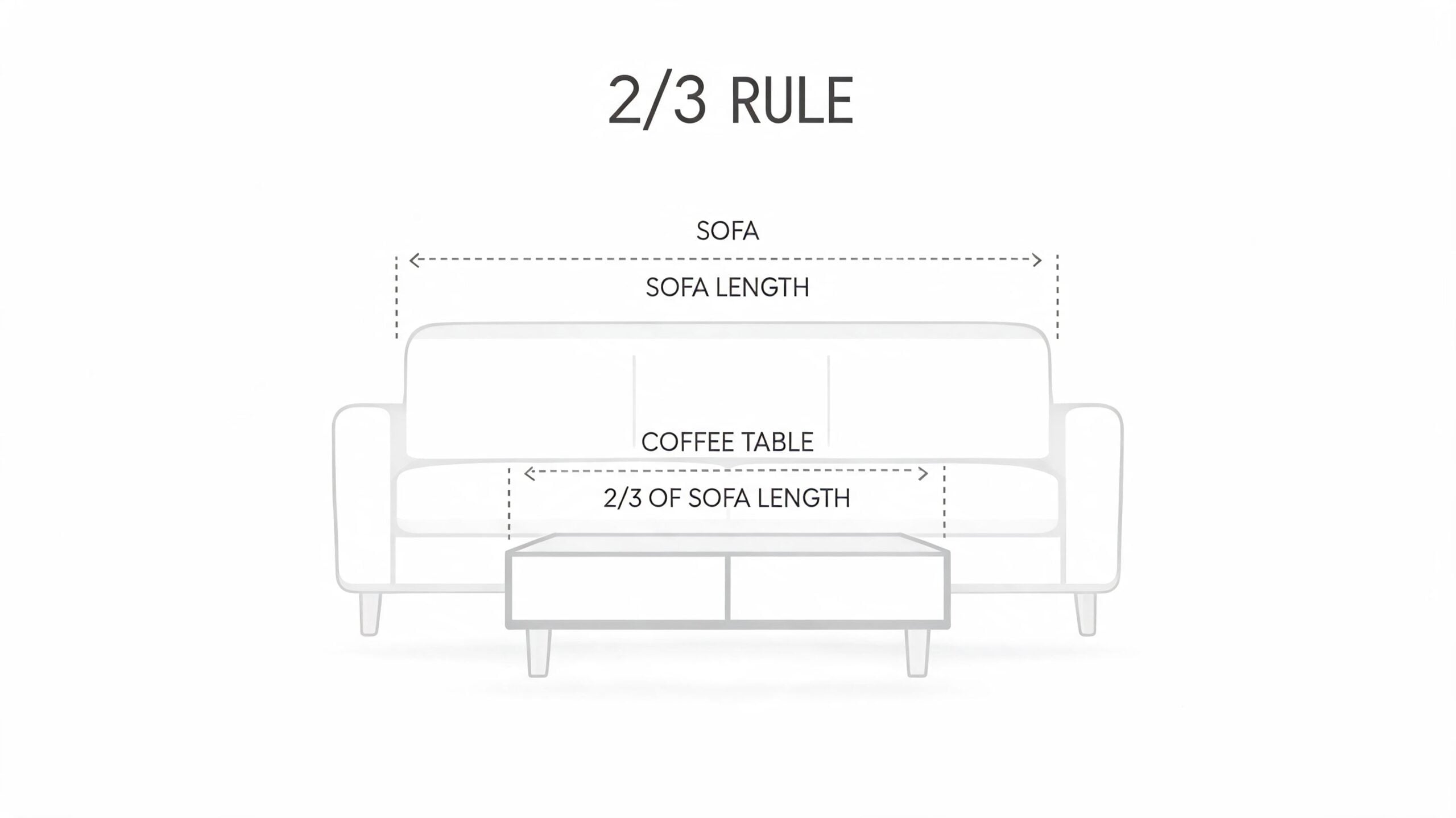 A diagram illustrating the two-thirds rule for choosing an appropriately sized coffee table for a sofa.