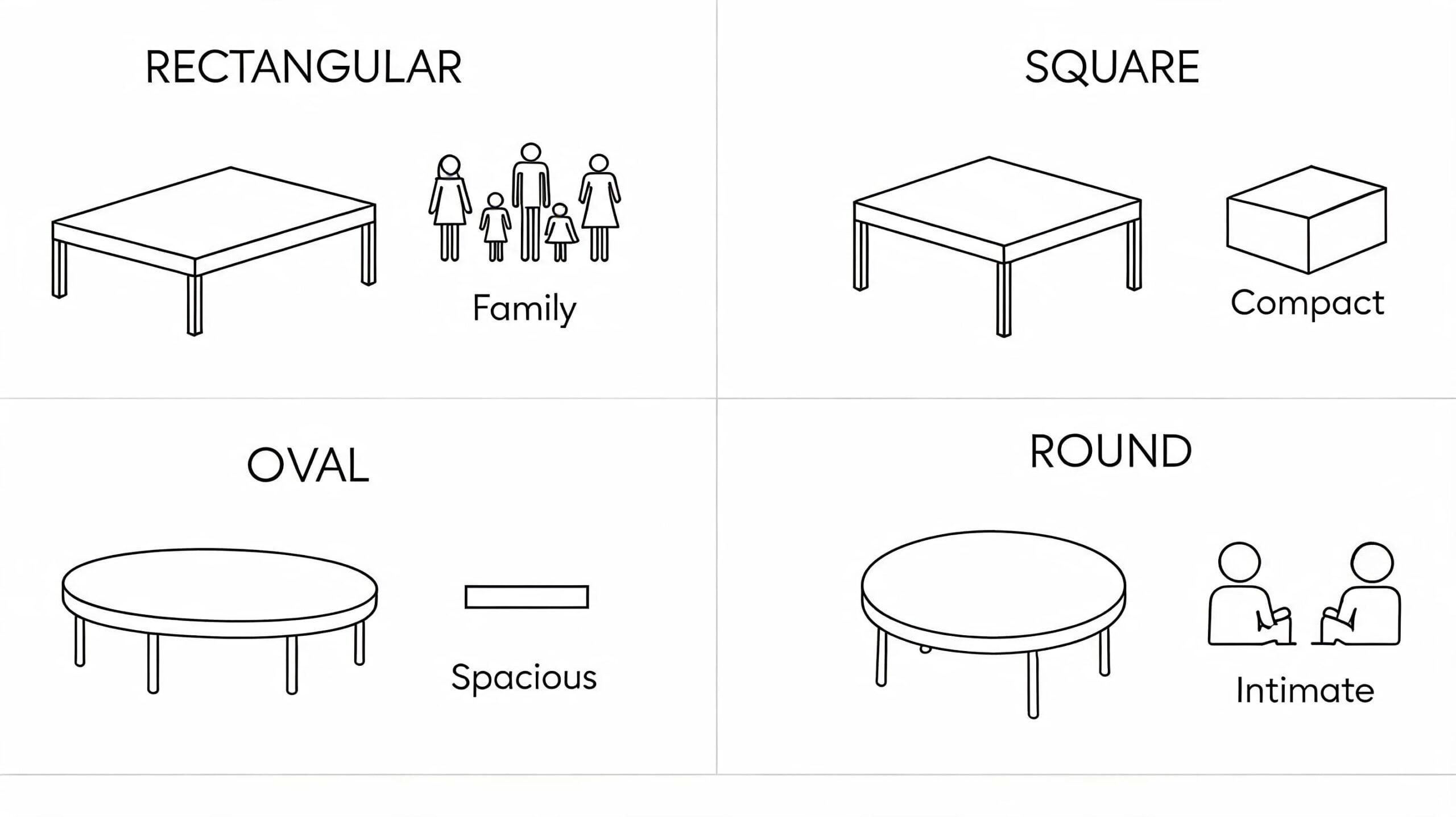 A diagram comparing different table shapes labeled as rectangular for family, square for compact, oval for spacious, and round for intimate.