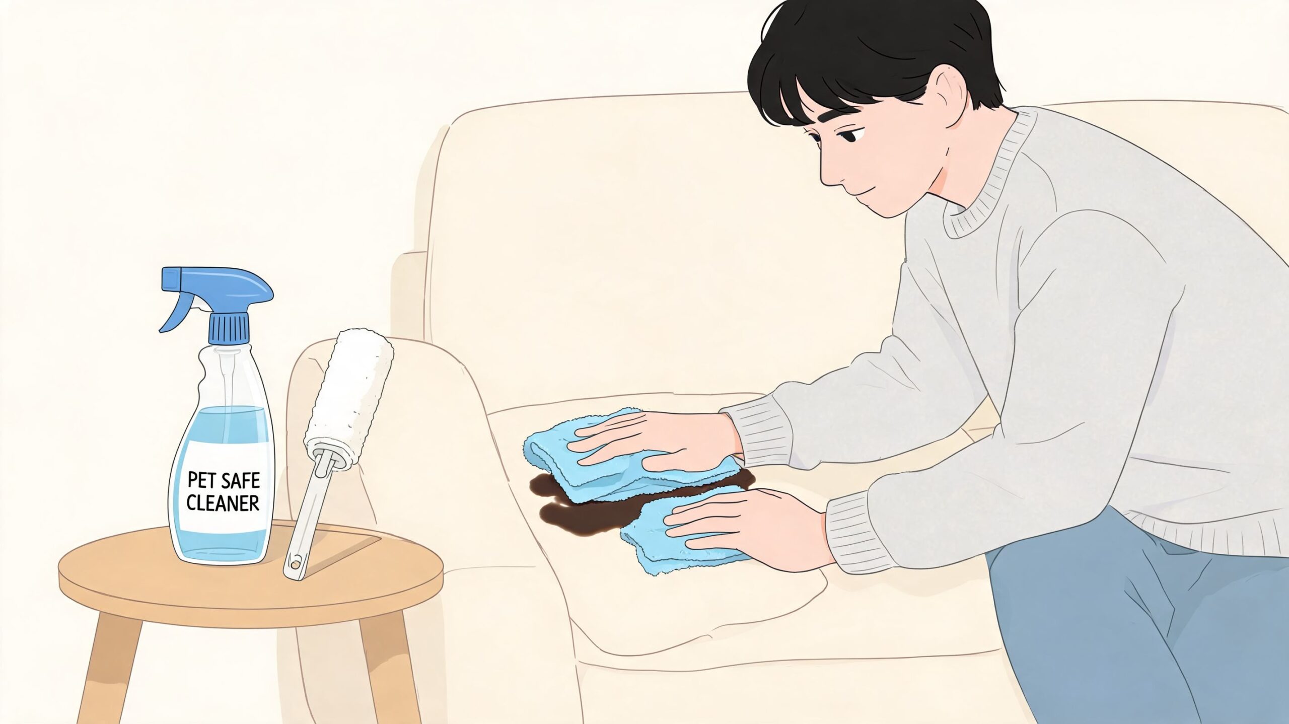 A person cleaning a dark stain off a beige sofa using blue cloths and pet safe cleaner.