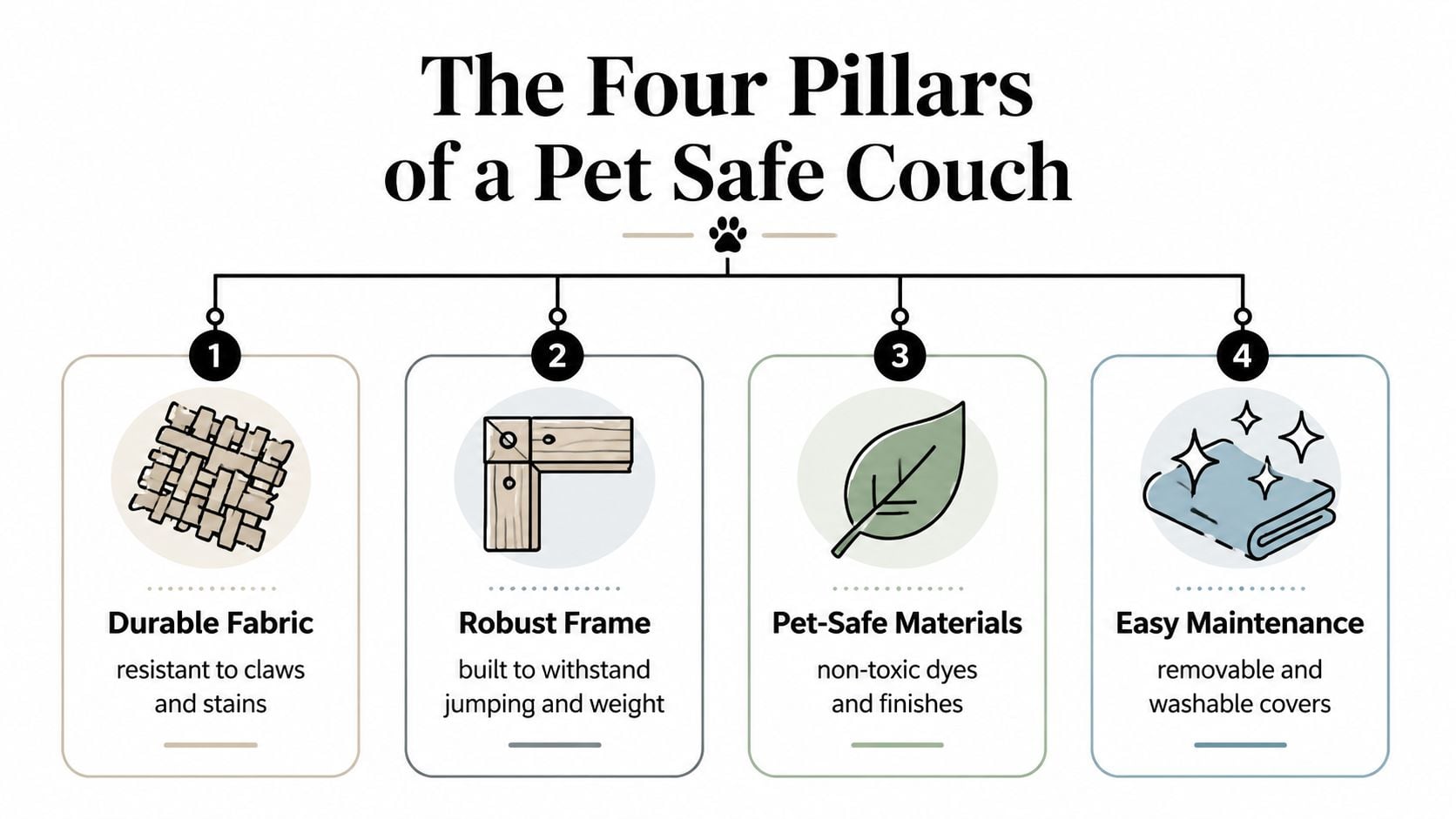 An infographic detailing the four key features of a pet safe couch, including durability, frame, materials, and maintenance.