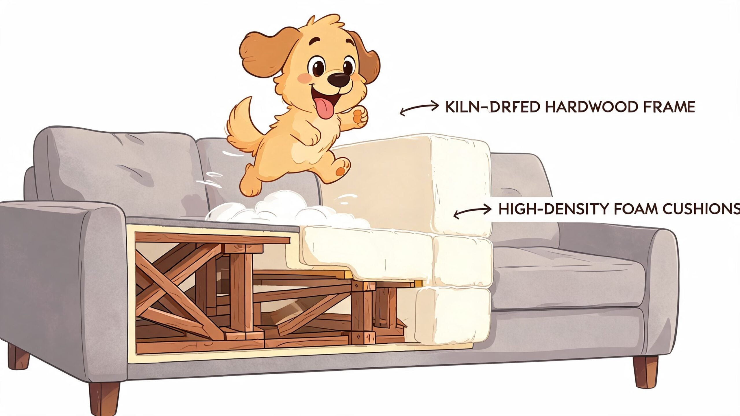 A cutaway illustration of a sofa revealing a sturdy wooden frame and high-density foam cushions with a puppy.