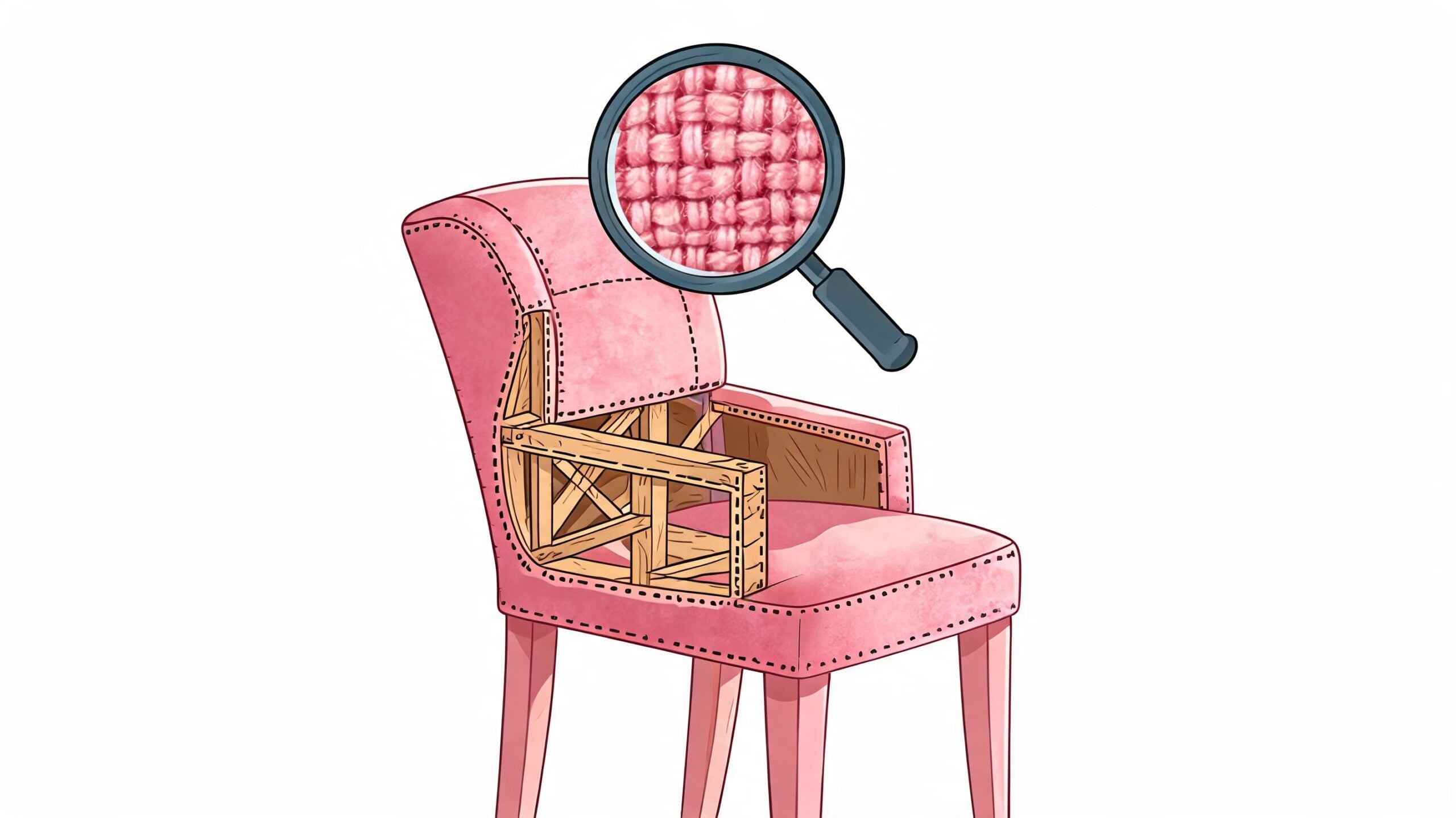 A diagram of a pink velvet dining chair showing its internal wooden frame construction.