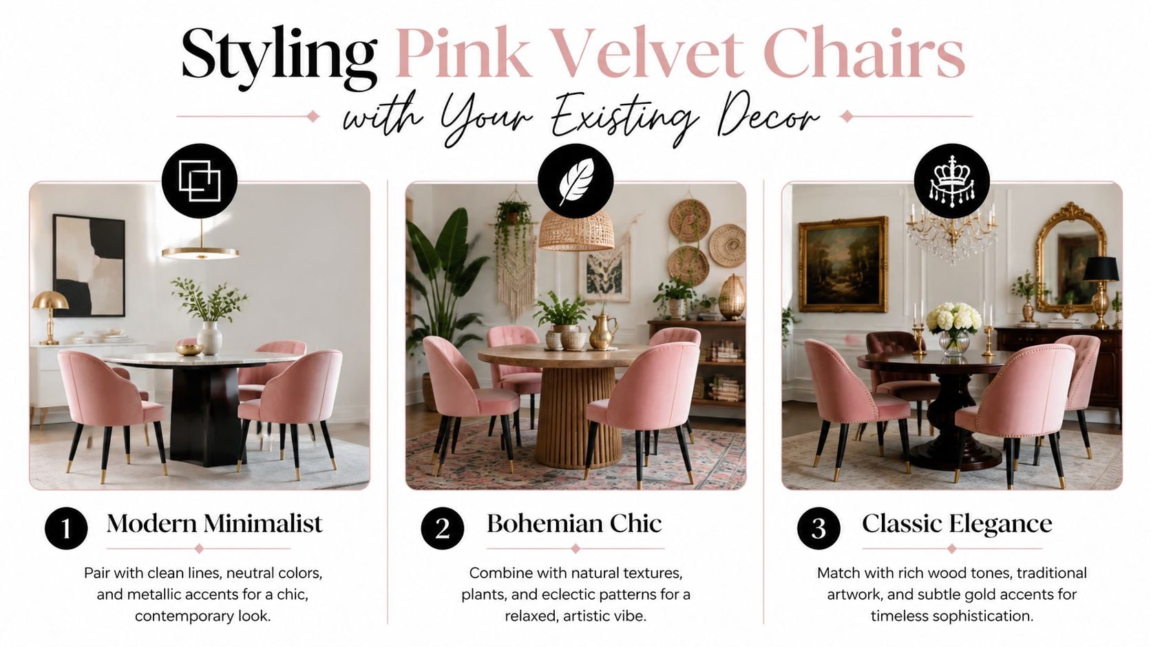 A graphic demonstrating three ways to style pink velvet dining chairs: modern minimalist, bohemian chic, and classic elegance.