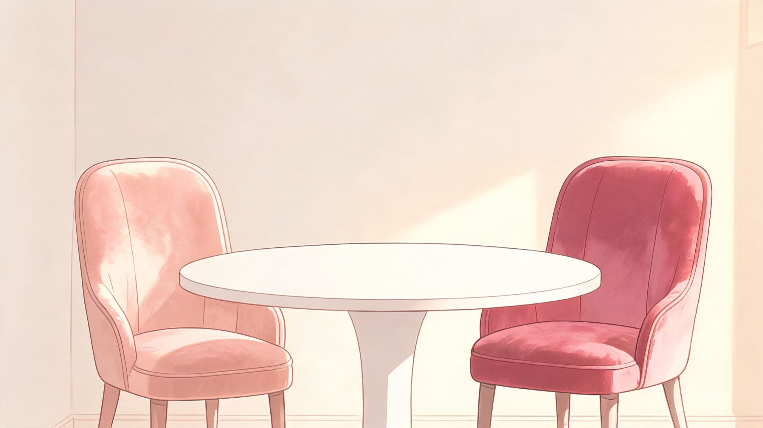 Two stylish pink velvet dining chairs placed around a minimalist white circular table in a bright room.
