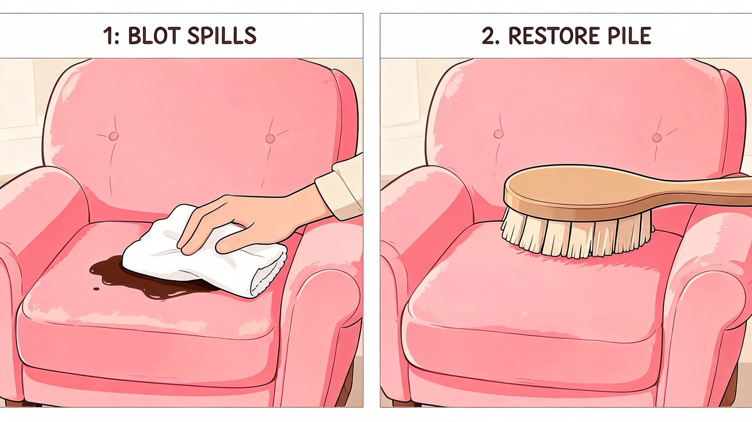 A two-step illustration showing how to clean a pink velvet chair by blotting spills and brushing.