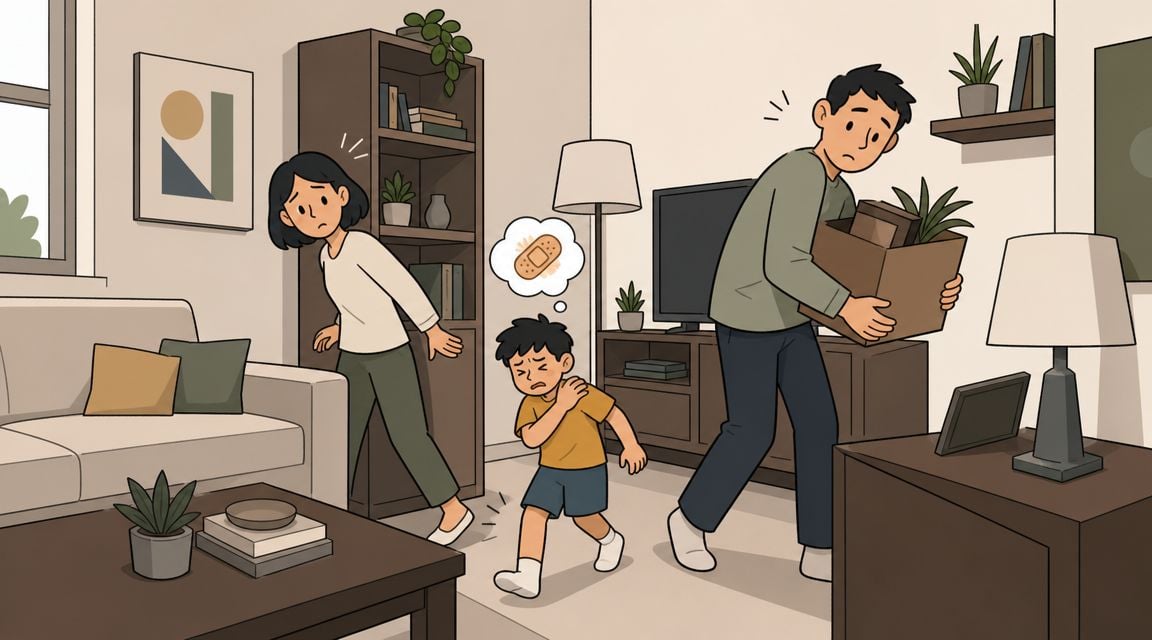 A worried family standing in a living room with a young boy holding his injured arm.