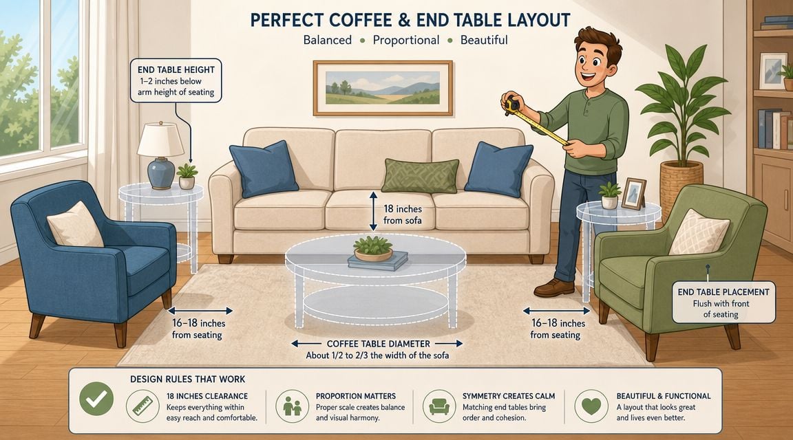An infographic illustrating ideal spacing and placement guidelines for living room coffee and end tables.