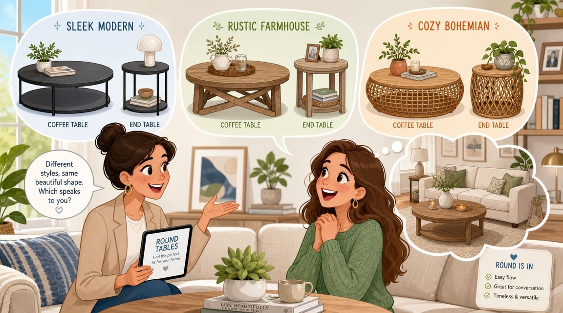 An interior designer helps a client choose between sleek, rustic, or bohemian round table sets for home.