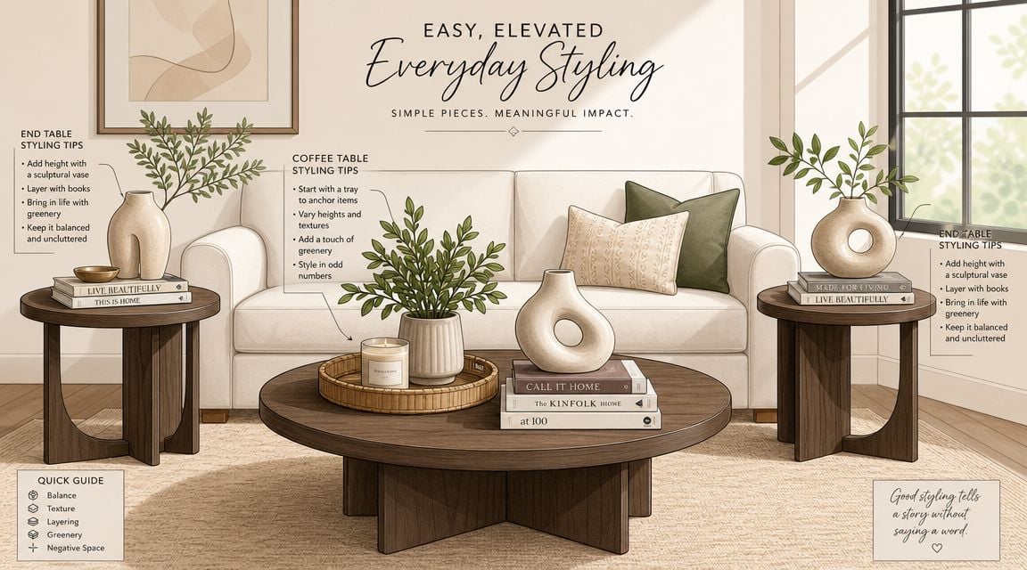 Styling guide for a living room with a round coffee table and matching wooden end tables.