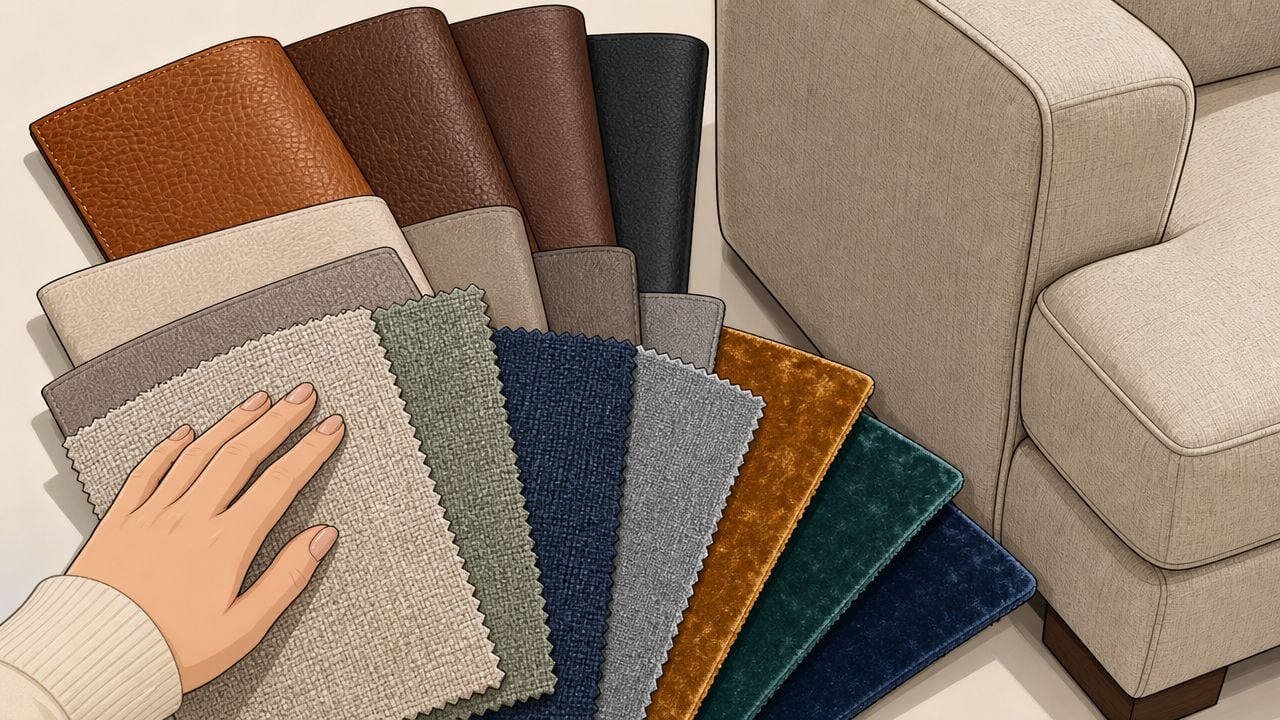 A hand selecting fabric swatches to customize the upholstery for a modern sectional sofa with three recliners.