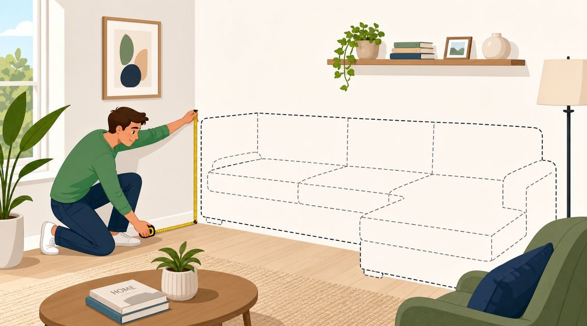 A man in a green shirt measures the wall space for a new sectional sofa with a tape measure.