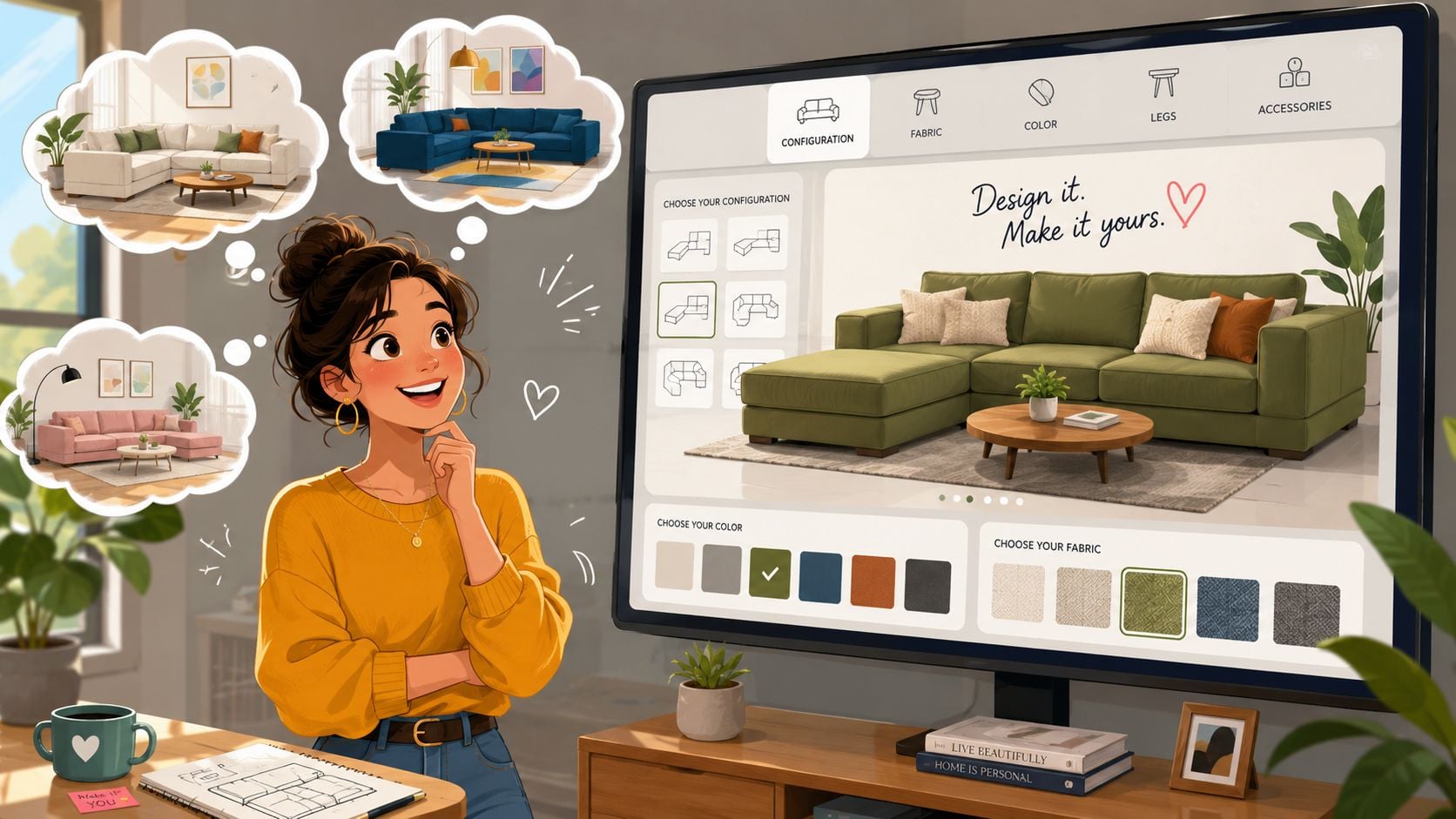 An illustrated woman happily designing a custom sectional sofa on a large computer monitor in her home office.