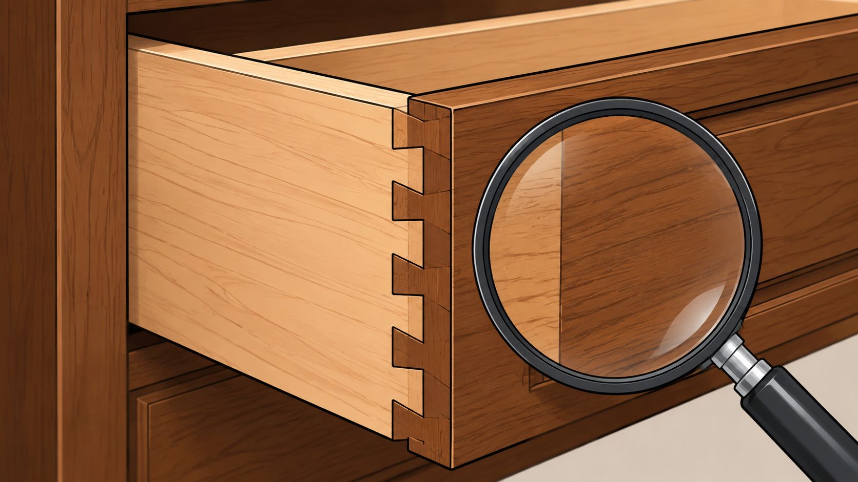 A close-up view of an open wooden cabinet drawer featuring detailed dovetail joint construction.