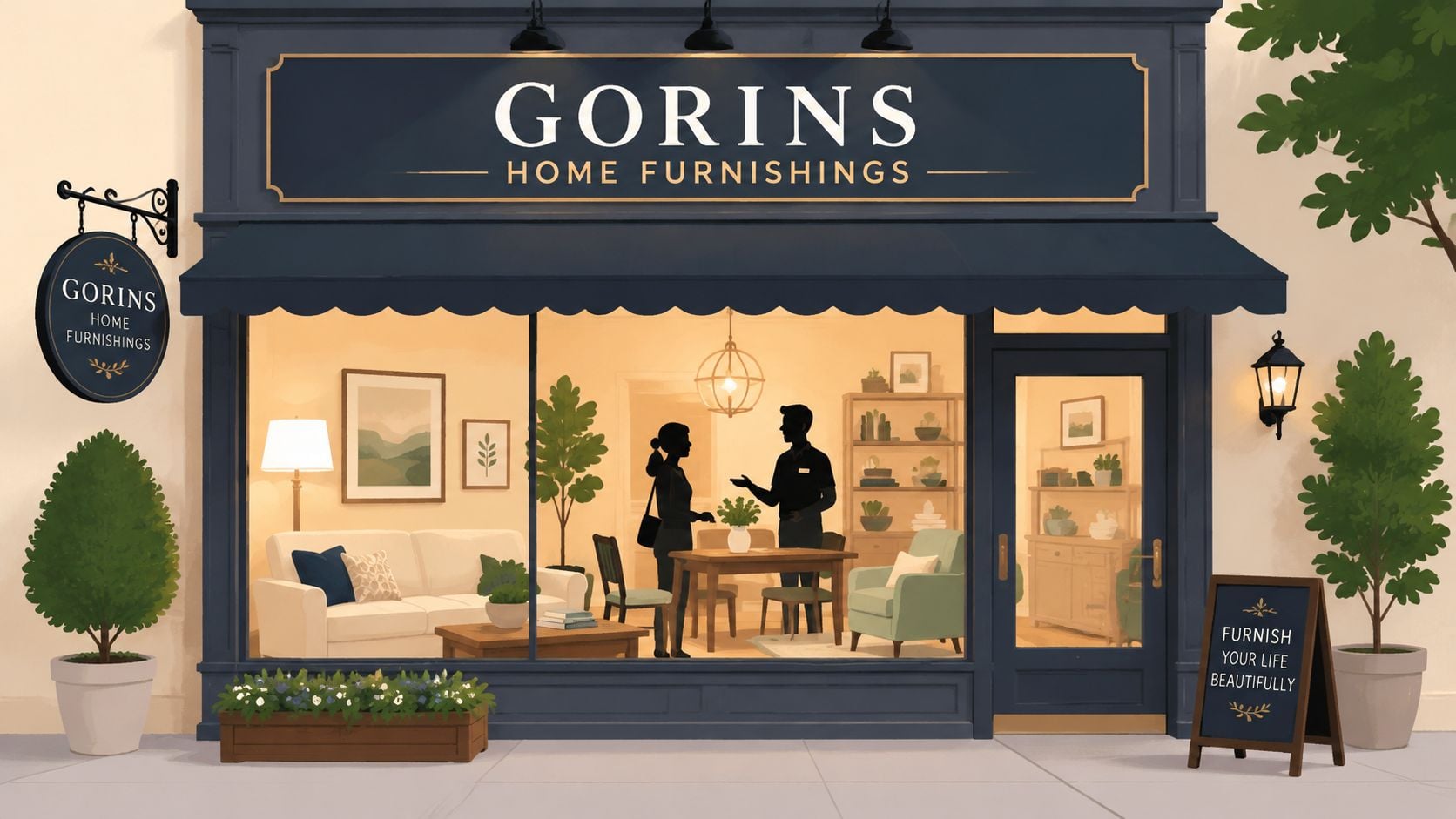 Exterior view of Gorins Home Furnishings store featuring a display window with customers and home furniture.