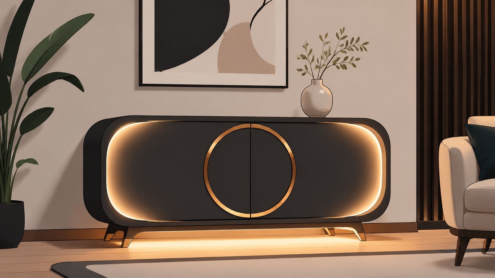 A modern black accent cabinet with storage, circular gold detailing, and warm integrated LED lighting in a living room.