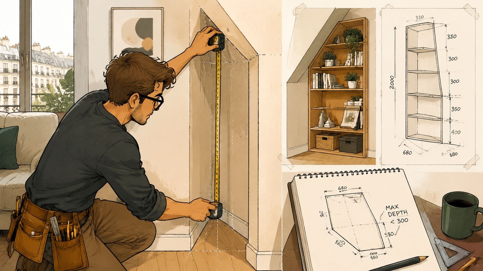 A man measuring a wall niche to design custom built-in wooden shelving for a small room.