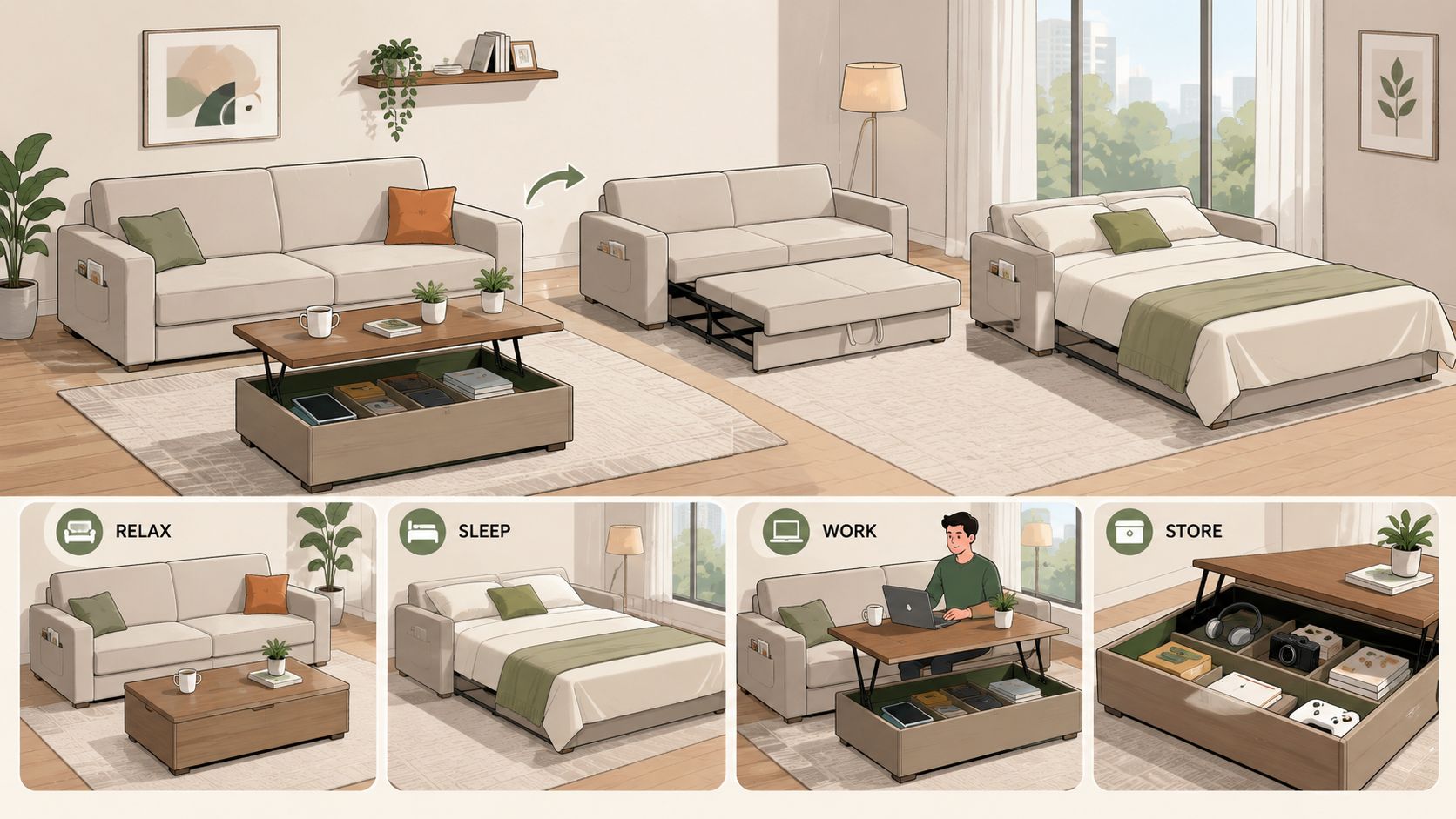 A versatile sofa bed and coffee table set illustrating four ways to relax, sleep, work, and store items.
