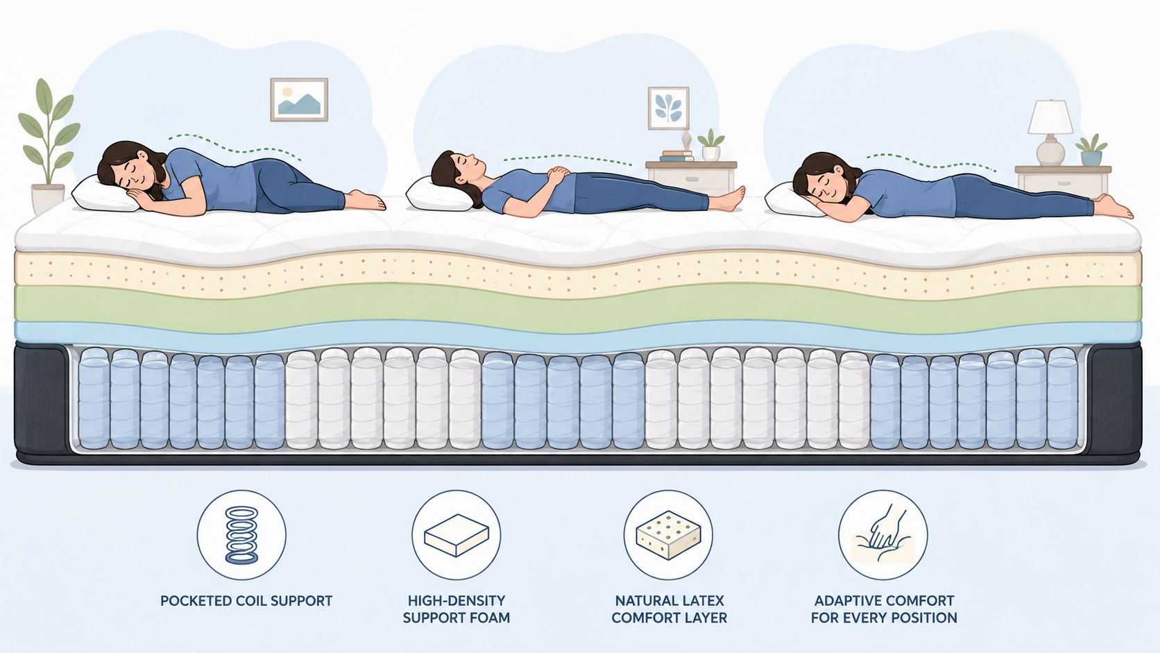 A cross-section illustration showing a multi-layer mattress supporting people in side, back, and stomach sleeping positions.