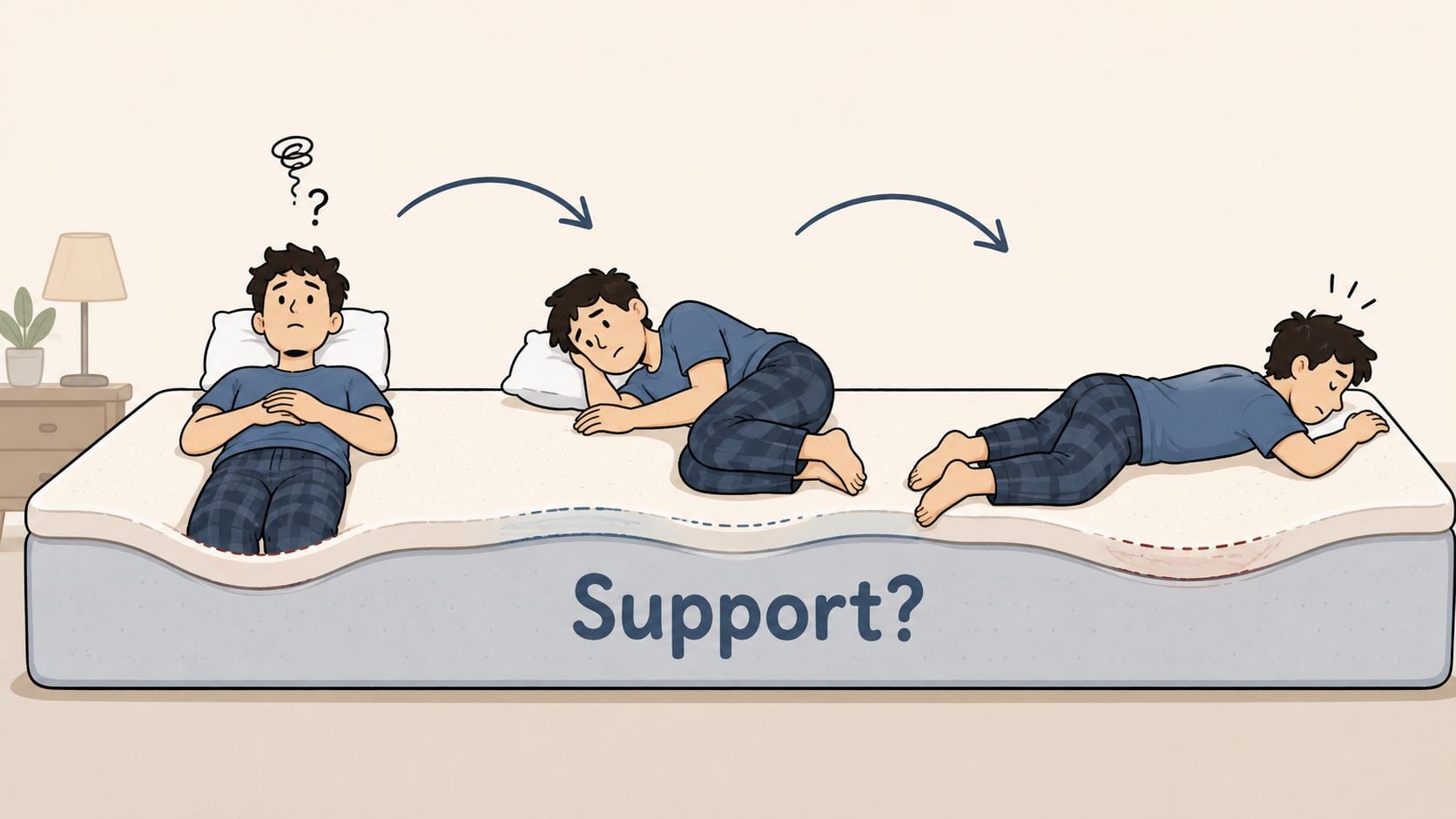 A cartoon illustration showing a person tossing and turning in bed, demonstrating a lack of mattress support.