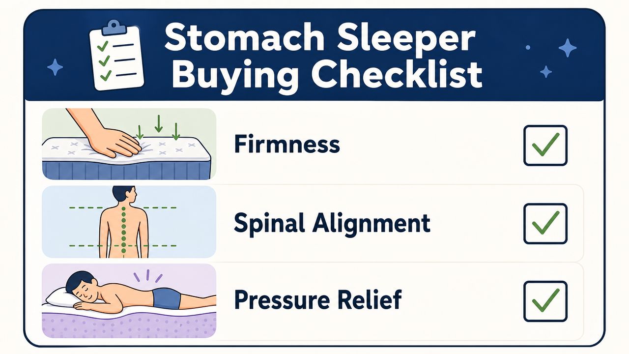 A checklist illustrating three key mattress features for stomach sleepers: firmness, spinal alignment, and pressure relief.