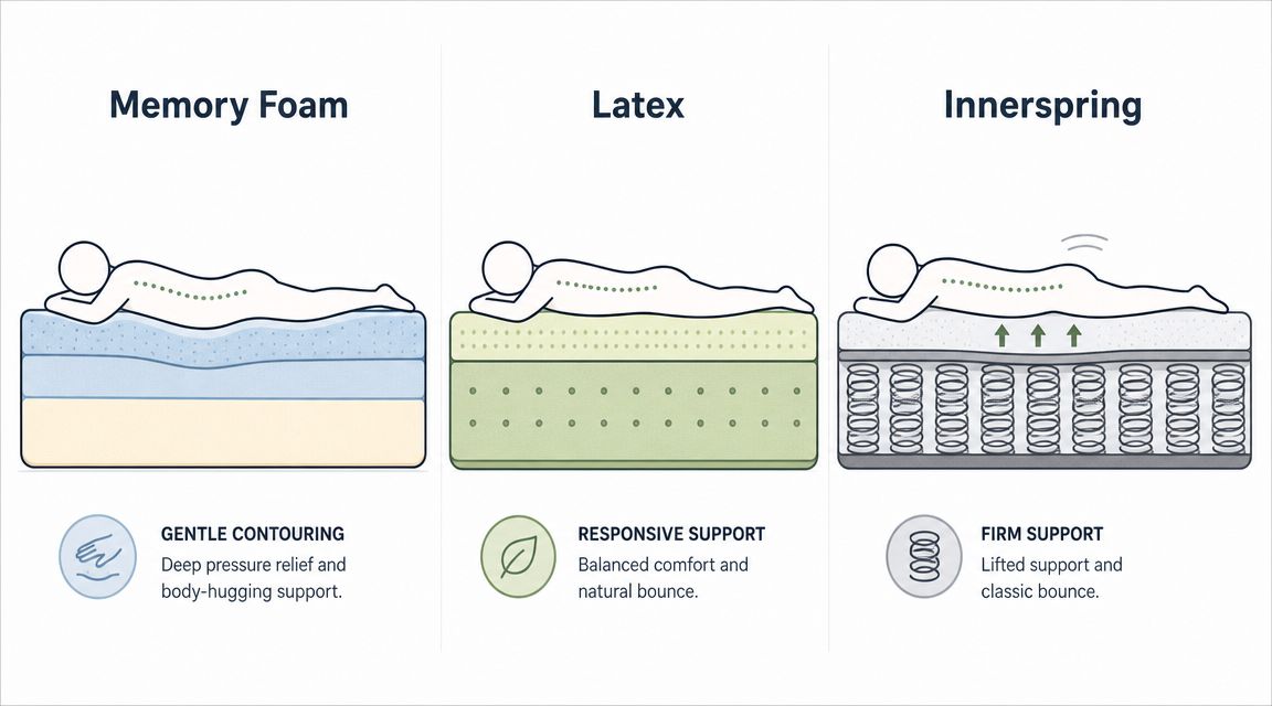 A comparison chart showing how memory foam, latex, and innerspring mattresses provide support to stomach sleepers.