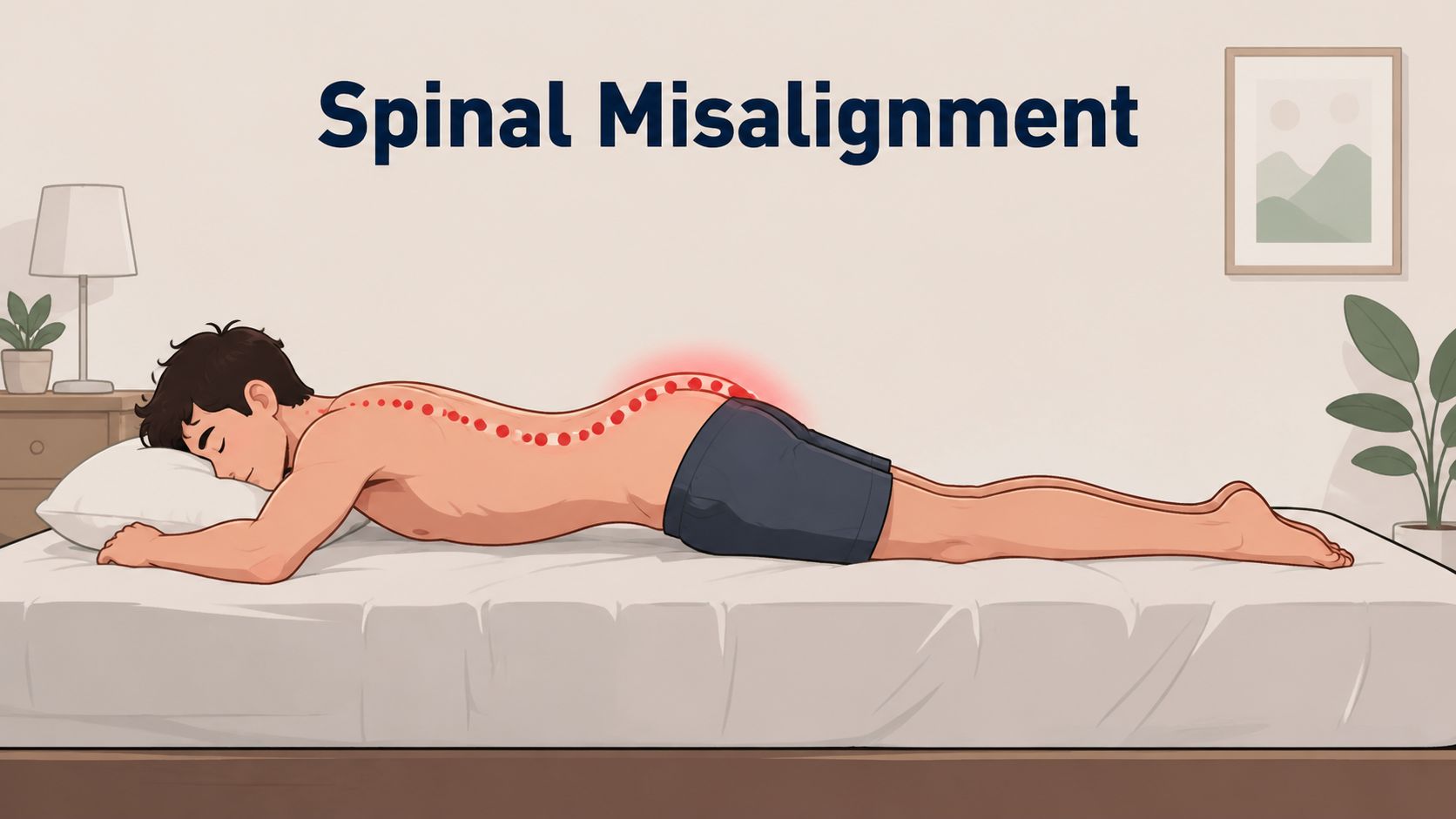 A man lying on his stomach on a bed demonstrating poor spinal alignment while sleeping.
