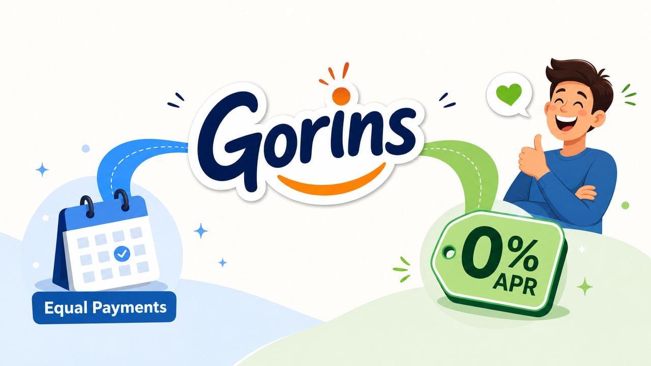 A promotional graphic for Gorins featuring equal payment options and zero percent APR financing for furniture purchases.
