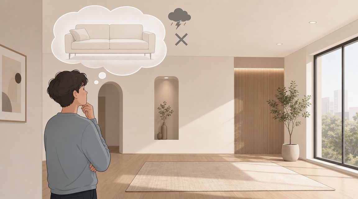 A person contemplating interior design options in a modern living room while thinking about choosing furniture.