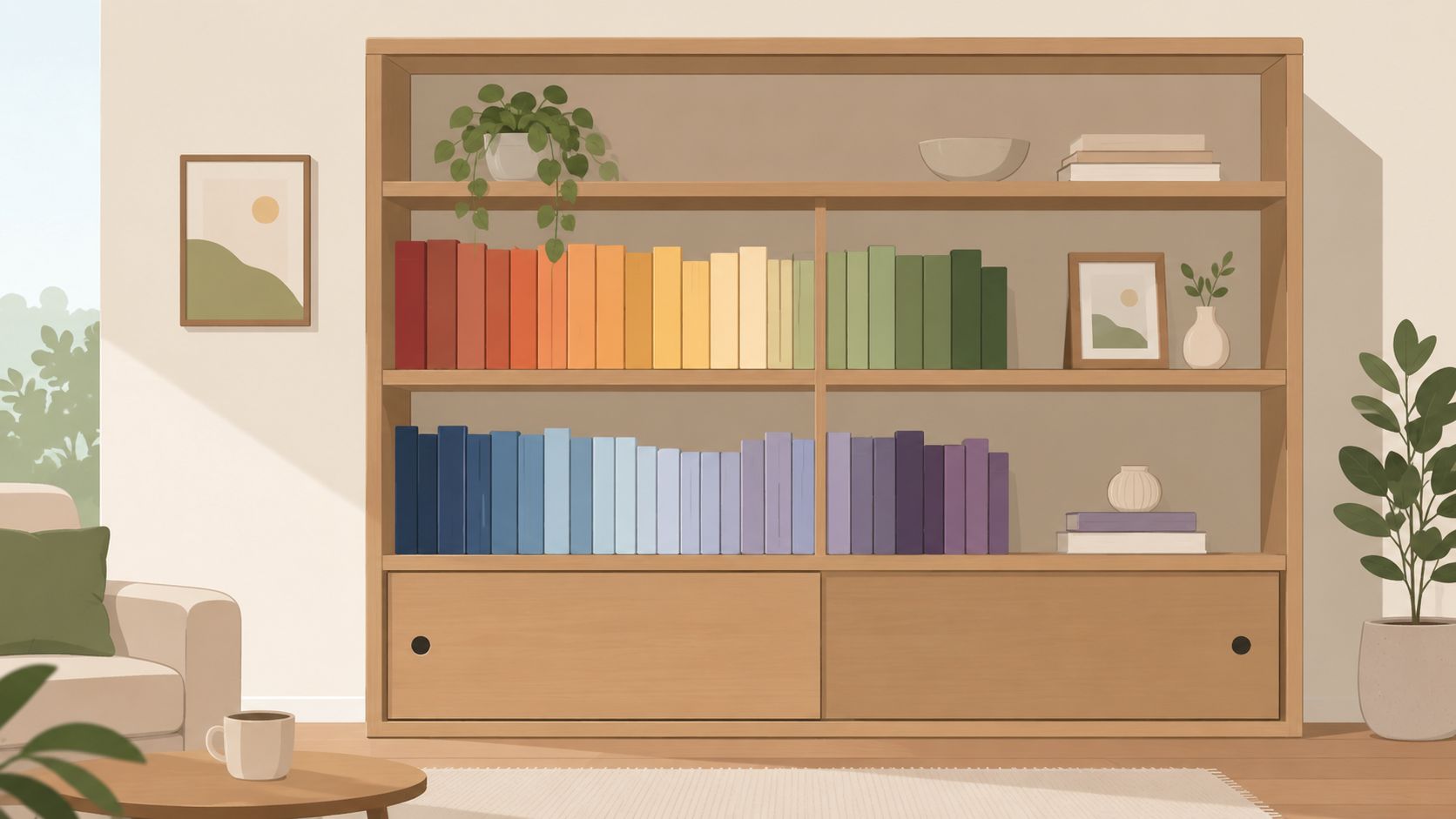 A minimalist wooden bookshelf organized by color, featuring indoor plants, picture frames, and stylish decorative objects.