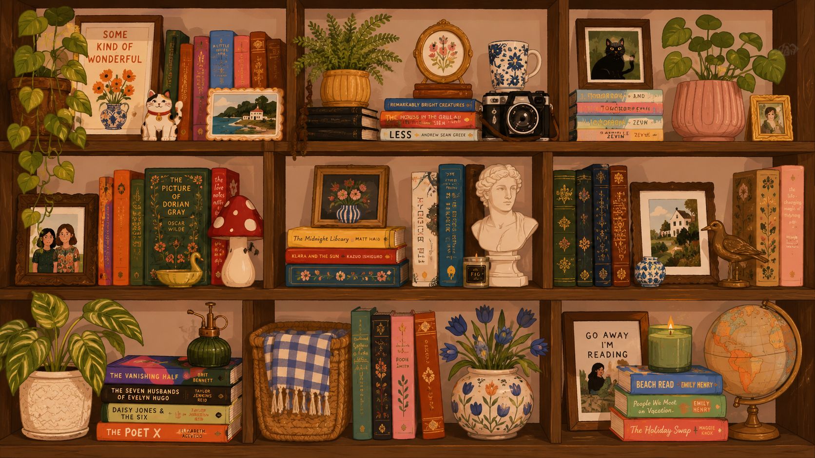 A cozy, well-organized wooden bookshelf filled with books, potted plants, decorative art, and personal trinkets.