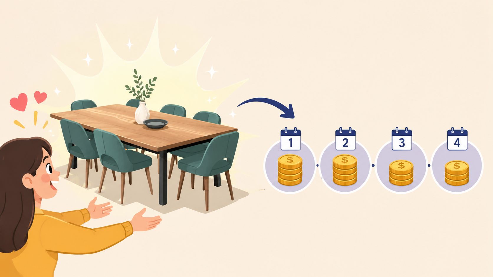 A woman looks excitedly at a dining table set, illustrating a buy now pay later payment option.