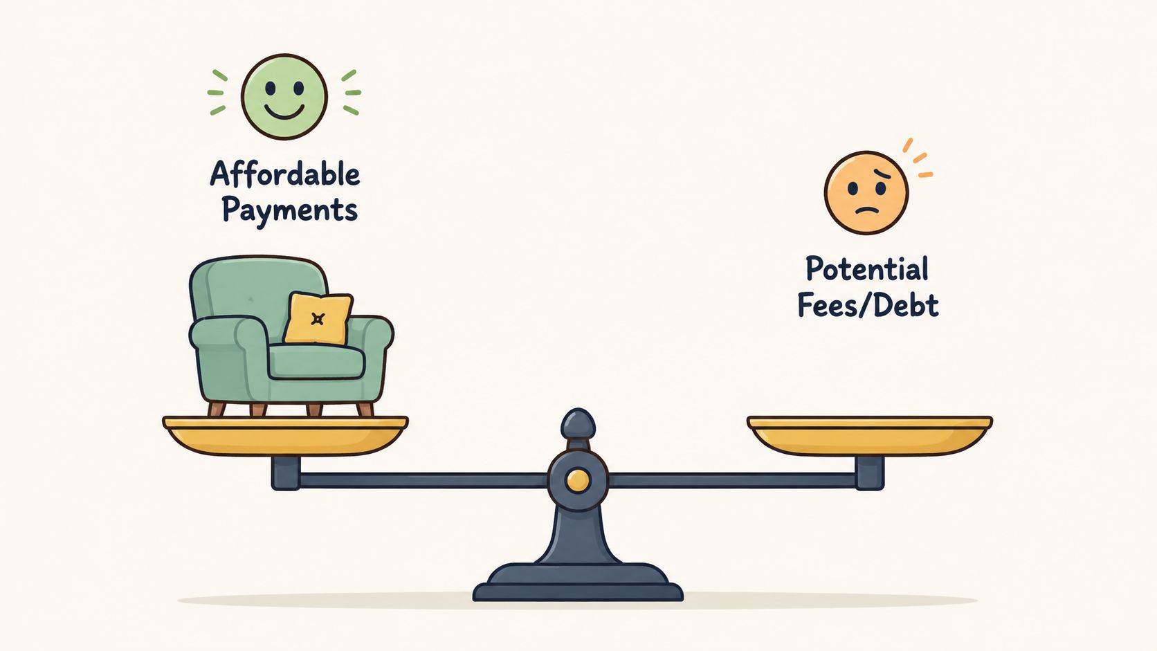 A balance scale weighing a comfortable chair against potential financial debt, illustrating a furniture financing comparison.