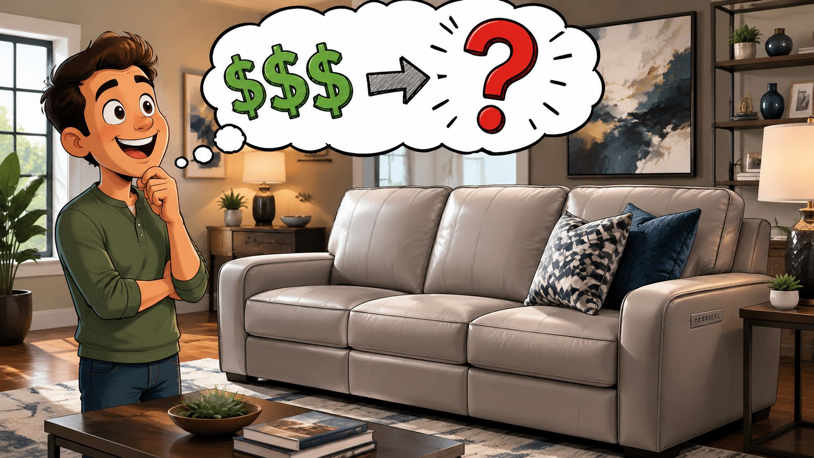 A young man looking thoughtfully at a modern living room sofa while considering financing options.