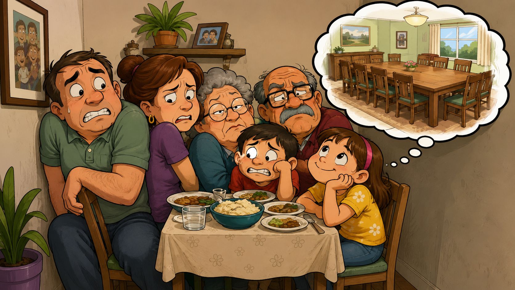 A family huddling in fear at a small table while a girl dreams of a large dining table.