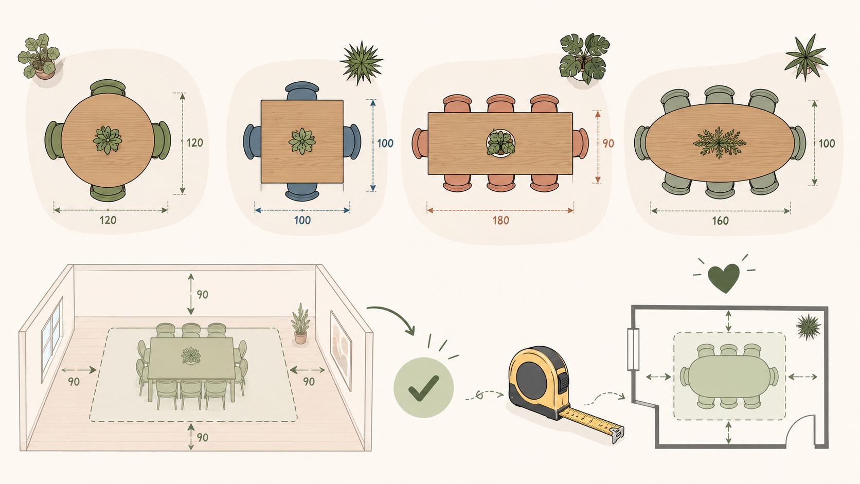 Infographic showing various dining table shapes and sizes with measurement guidelines for room placement and spacing.