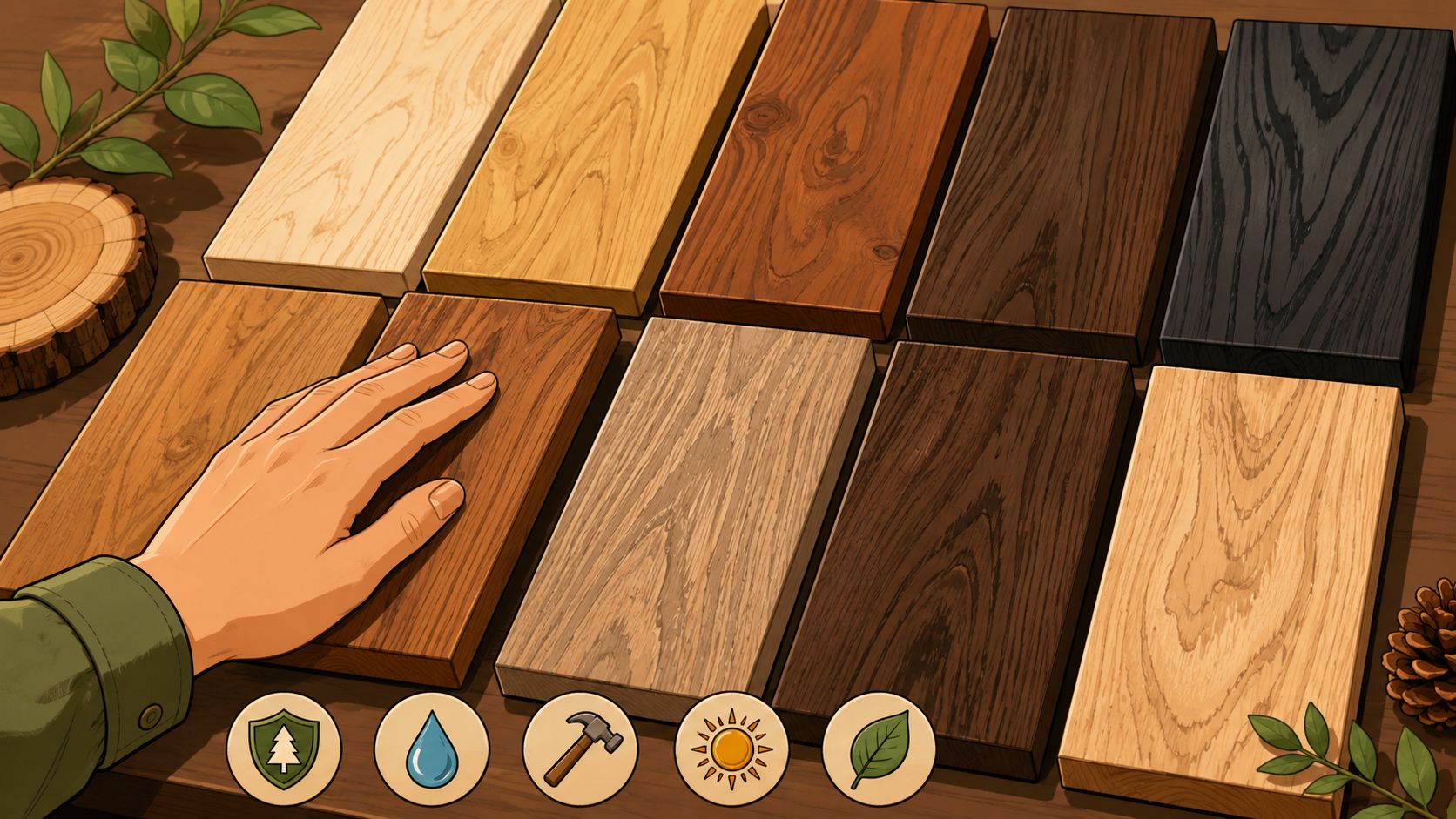 A hand touching a wooden plank selection sample for a custom made dining table design project.