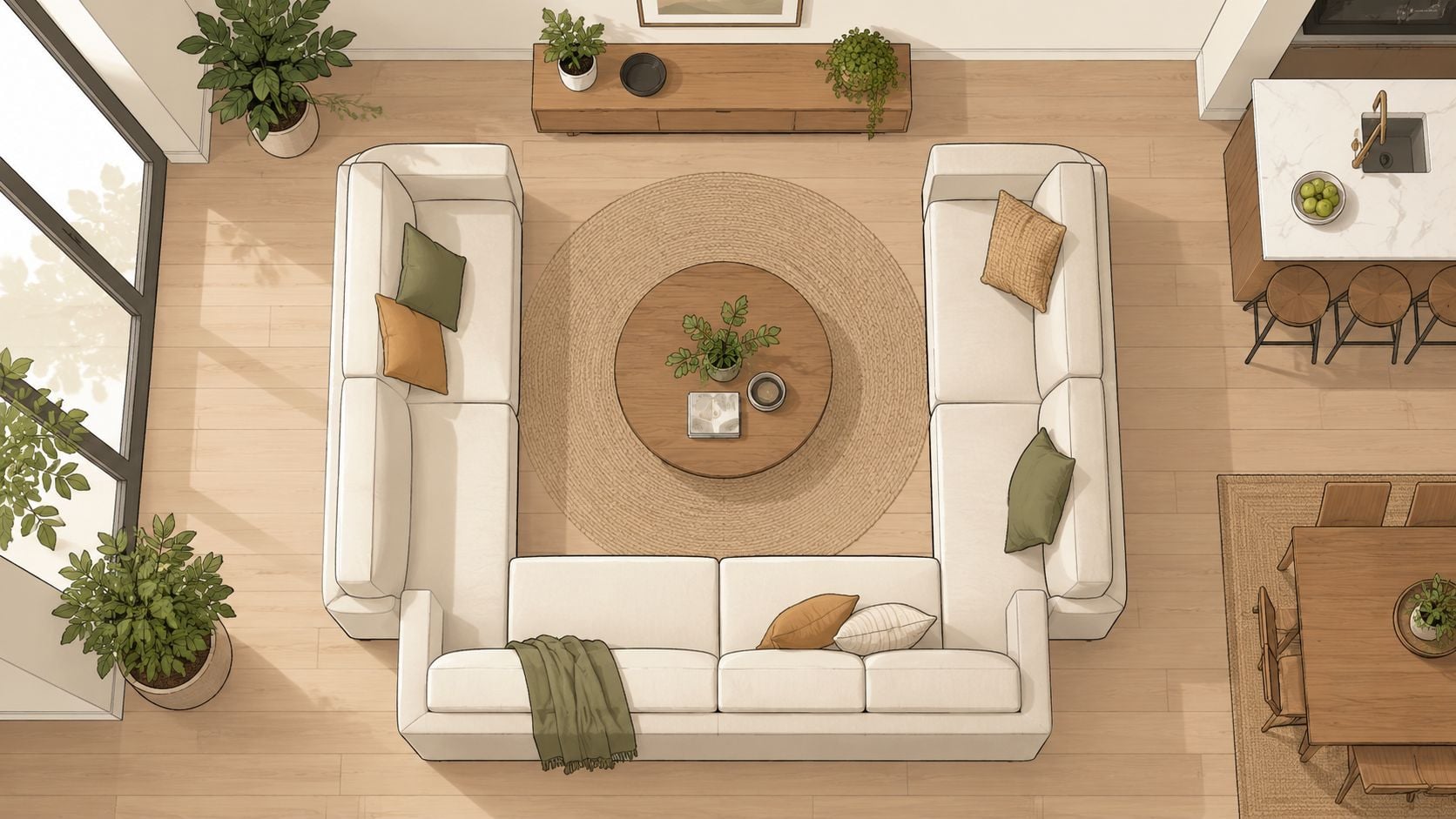 A top-down view of a modern living room featuring a large beige U-shaped sectional sofa.