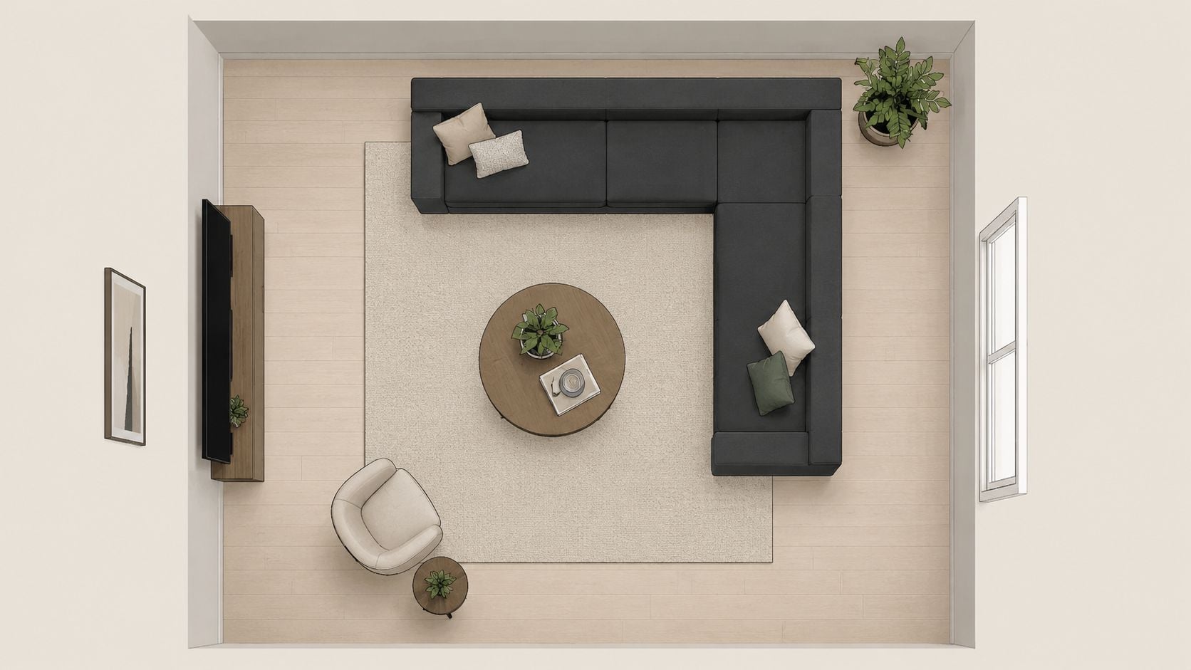 An overhead floor plan view of a modern living room featuring a dark L-shaped sectional couch.