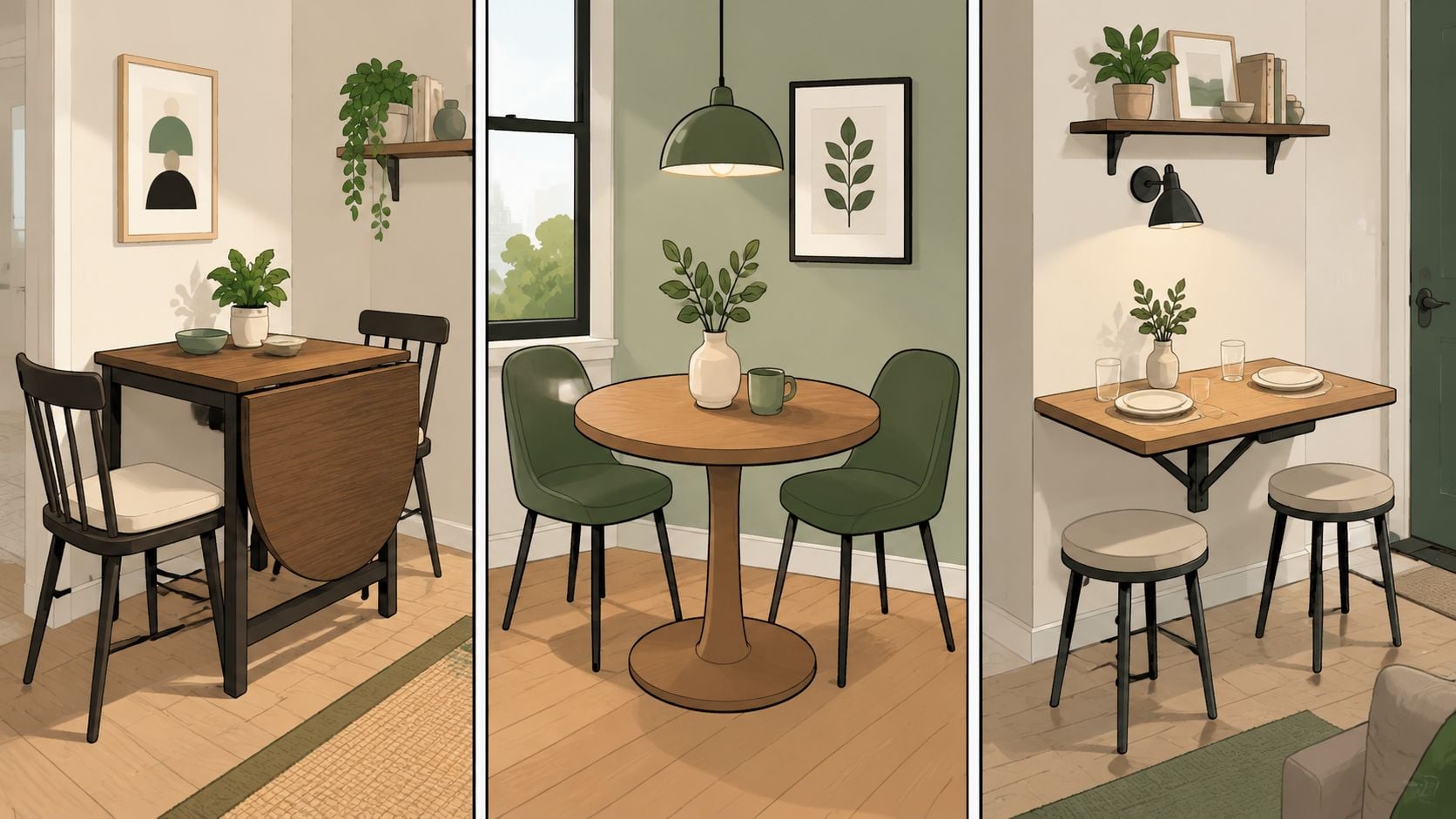 Three different illustrations showing stylish dining furniture options designed for small apartments and compact dining areas.