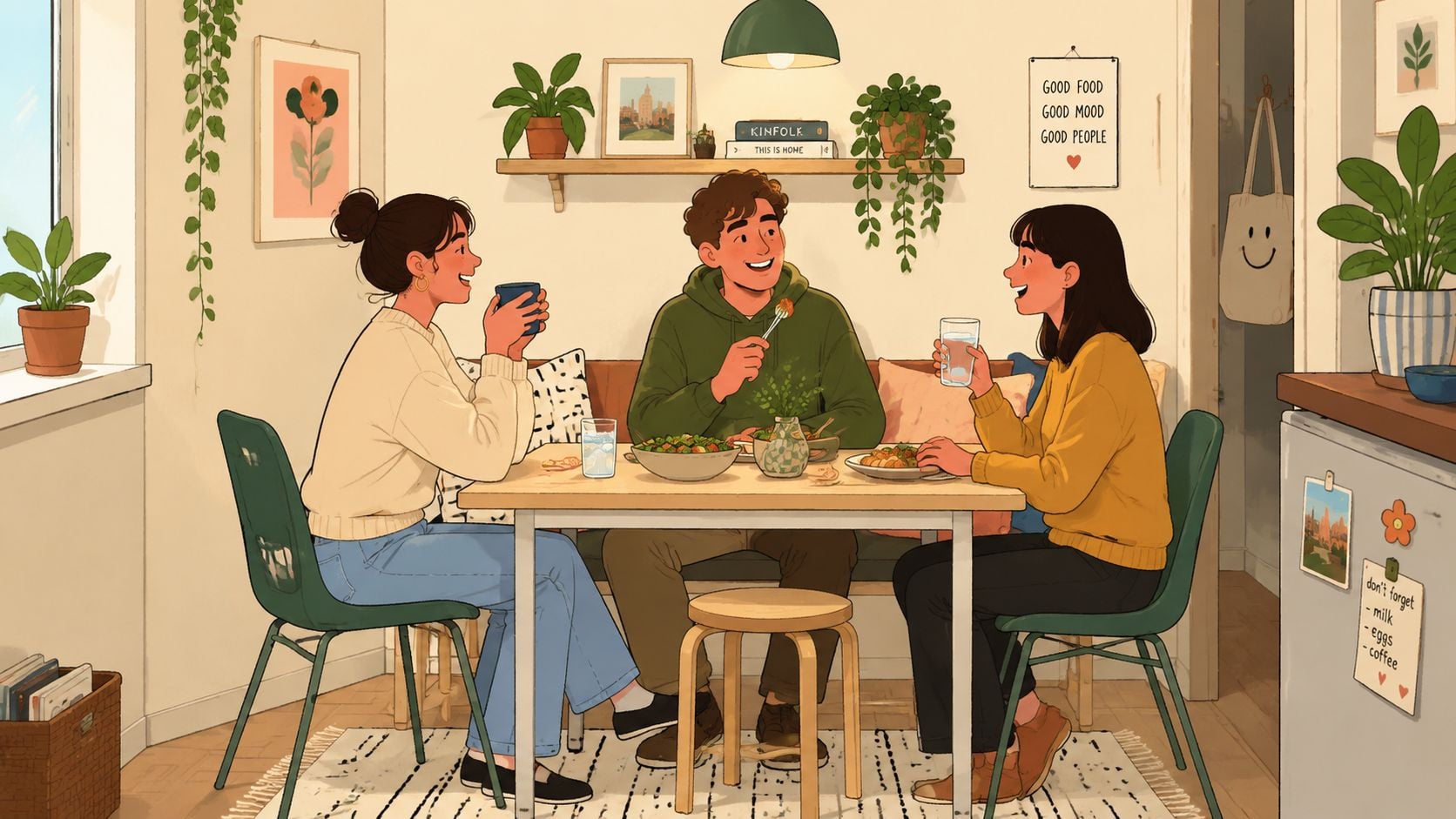 Three young friends laughing and eating a meal together at a small wooden dining room table.