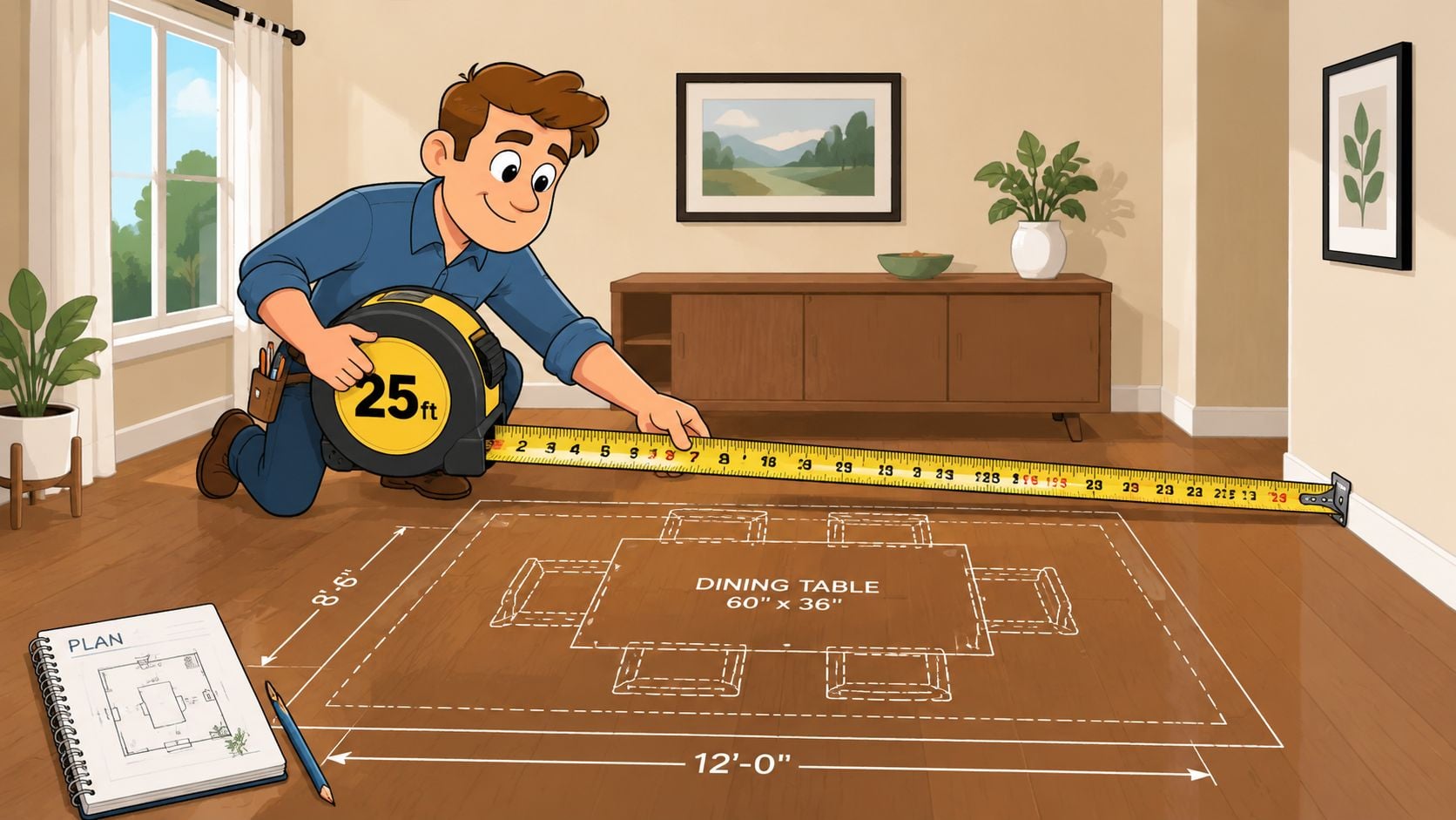 A man measuring floor space for dining furniture using a tape measure in a bright room.