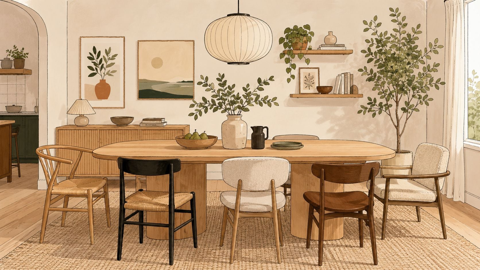 A warm, aesthetic dining room with a light wood table, diverse chairs, art, and indoor greenery plants.