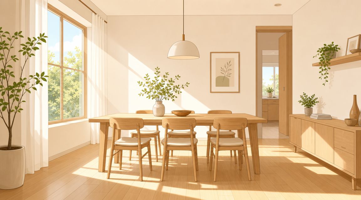 A bright, modern dining room featuring a light wood table, matching chairs, and soft natural sunlight.