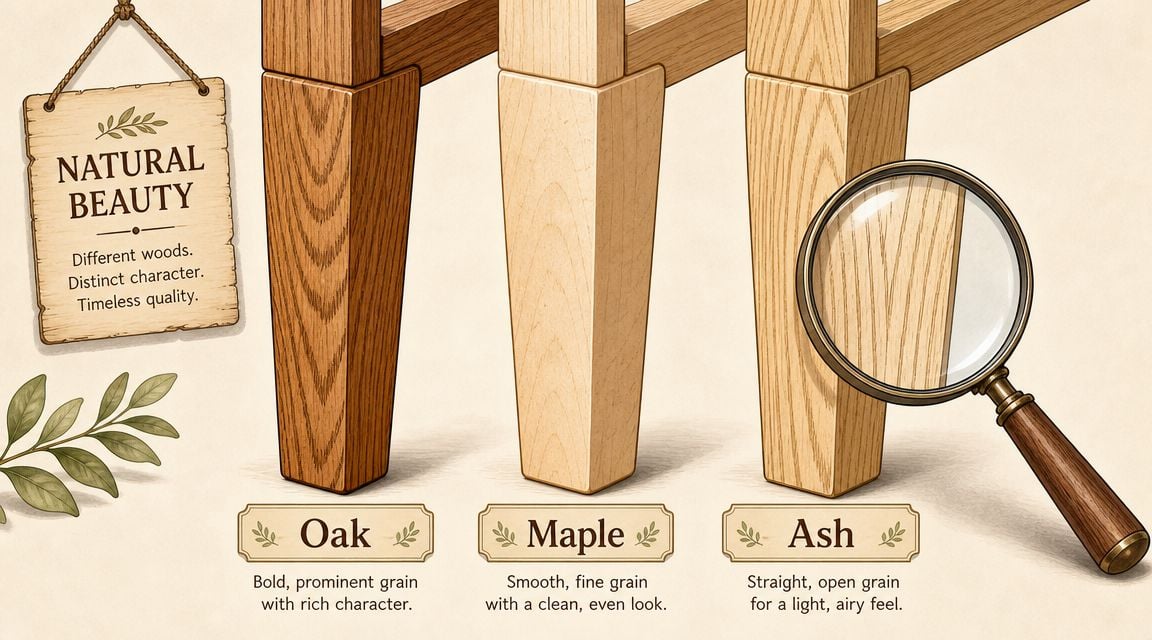A close-up illustration comparing wood textures of Oak, Maple, and Ash for dining furniture legs.