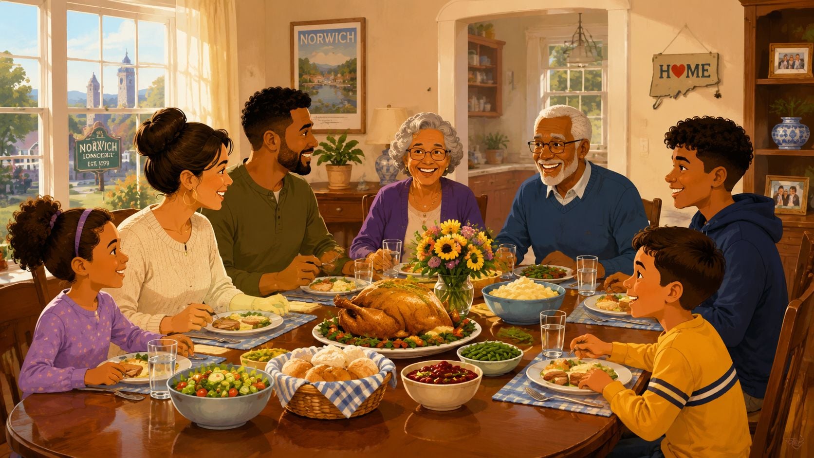 A multi-generational family sitting around a wooden dining table enjoying a festive Thanksgiving dinner together at home.