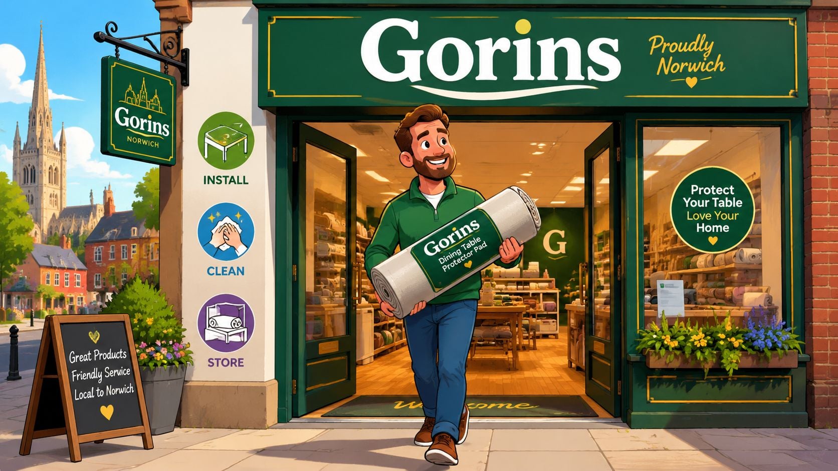 A friendly store employee walking out of a Gorins shop in Norwich carrying a rolled dining table protector.