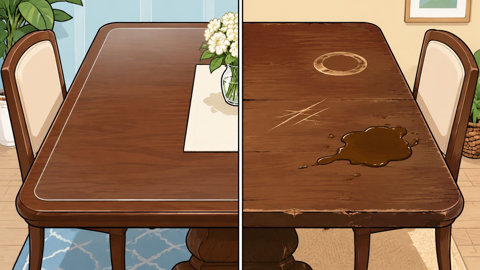 A split-screen comparison showing a clean dining table with a protective cover next to a damaged table.
