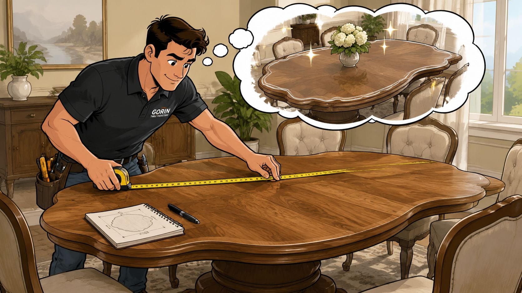 A professional furniture repairman measuring a wooden dining room table with a yellow measuring tape.
