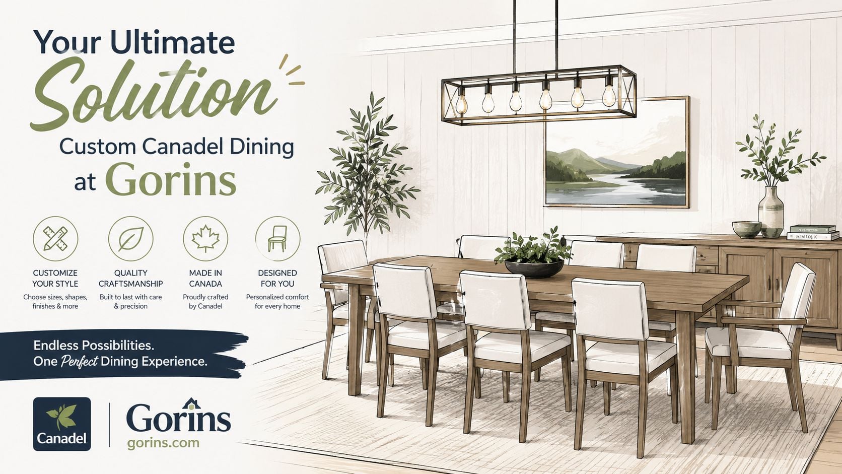 A digital interior design rendering of a Canadel dining room table set at Gorins furniture store.