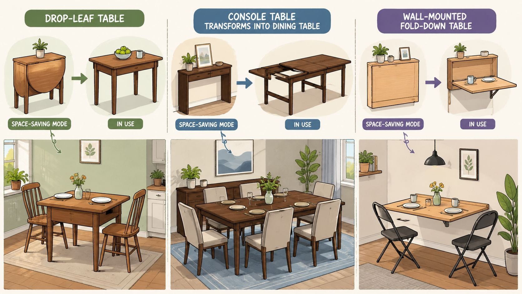 An infographic showing three space-saving dining table styles including drop-leaf, console-to-dining, and wall-mounted folding tables.